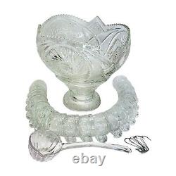 Crystal Glass Aztec Punch Bowl Set with Ladle Hooks Cups LE Smith McKee Vintage