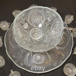 Crystal Glass Pinwheel & Stars Punch Bowl by L. E. Smith with 12 Cups And Spoon