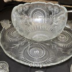 Crystal Glass Pinwheel & Stars Punch Bowl by L. E. Smith with 12 Cups And Spoon