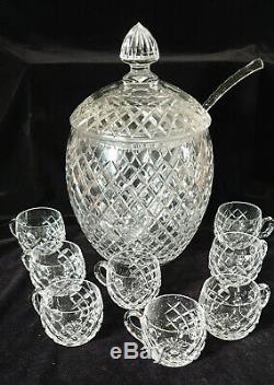 Crystal Punch Bowl With Lid, Ladle and Eight Glasses, 33cm Height