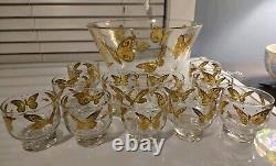 Culver Mid-century Modern Punch Bowl 22k Gold Butterflies With 11 Glasses RARE