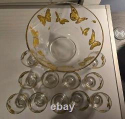 Culver Mid-century Modern Punch Bowl 22k Gold Butterflies With 11 Glasses RARE