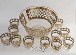 Culver Old-Fashioned Glasses Set 22-K Gold Valencia Design Punch Bowl/11 Glasses