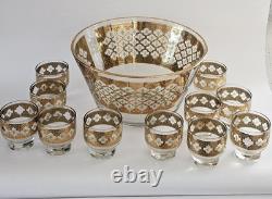 Culver Old-Fashioned Glasses Set 22-K Gold Valencia Design Punch Bowl/11 Glasses