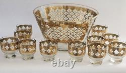 Culver Old-Fashioned Glasses Set 22-K Gold Valencia Design Punch Bowl/11 Glasses