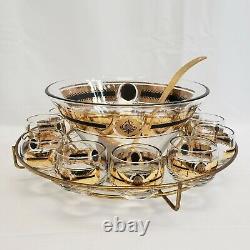 Culver Roly Poly Punch Bowl Set with 12 Glasses, Stand, Ladle Black /Gold Flower