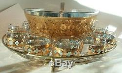 Culver Seville 22K Gold Turquiose Punch Bowl set with 12 Roly Poly Tumblers