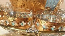 Culver Seville 22K Gold Turquiose Punch Bowl set with 12 Roly Poly Tumblers