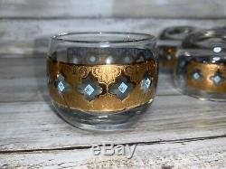 Culver Seville Punch Bowl Set 12 Roly Poly Cups Blue Gold Mid Century Modern MCM