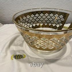 Culver VALENCIA Large 10.5 Center piece Fruit Punch Bowl 22K GOLD GREEN DIAMOND