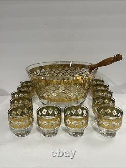 Culver Valencia 22kt Gold & Green Punch Bowl, 12 Glasses, & Original Ladle