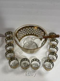 Culver Valencia 22kt Gold & Green Punch Bowl, 12 Glasses, & Original Ladle