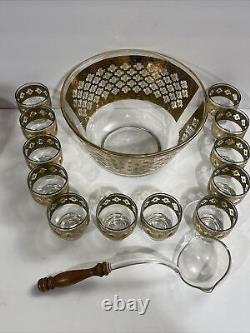 Culver Valencia 22kt Gold & Green Punch Bowl, 12 Glasses, & Original Ladle