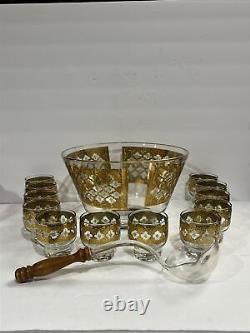 Culver Valencia 22kt Gold & Green Punch Bowl, 12 Glasses, & Original Ladle