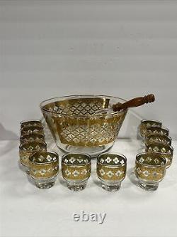 Culver Valencia 22kt Gold & Green Punch Bowl, 12 Glasses, & Original Ladle