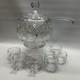 Cut Crystal Punch Bowl Set With Lid, Ladle, 6 Cups Etched Dimond & Leaf Rare