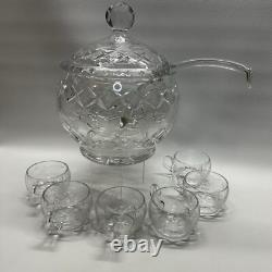 Cut Crystal Punch Bowl Set With Lid, Ladle, 6 Cups Etched Dimond & Leaf Rare
