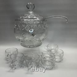 Cut Crystal Punch Bowl Set With Lid, Ladle, 6 Cups Etched Dimond & Leaf Rare