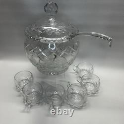 Cut Crystal Punch Bowl Set With Lid, Ladle, 6 Cups Etched Dimond & Leaf Rare