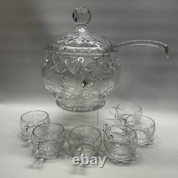 Cut Crystal Punch Bowl Set With Lid, Ladle, 6 Cups Etched Dimond & Leaf Rare
