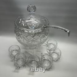 Cut Crystal Punch Bowl Set With Lid, Ladle, 6 Cups Etched Dimond & Leaf Rare