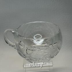 Cut Crystal Punch Bowl Set With Lid, Ladle, 6 Cups Etched Dimond & Leaf Rare