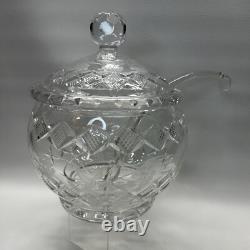Cut Crystal Punch Bowl Set With Lid, Ladle, 6 Cups Etched Dimond & Leaf Rare