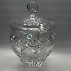 Cut Crystal Punch Bowl Set With Lid, Ladle, 6 Cups Etched Dimond & Leaf Rare