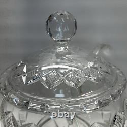 Cut Crystal Punch Bowl Set With Lid, Ladle, 6 Cups Etched Dimond & Leaf Rare
