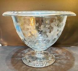 Cut Glass Engraved Footed Grape Juice Punchbowl Centerpiece Bowl