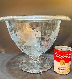 Cut Glass Engraved Footed Grape Juice Punchbowl Centerpiece Bowl