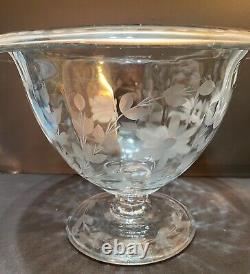 Cut Glass Engraved Footed Grape Juice Punchbowl Centerpiece Bowl