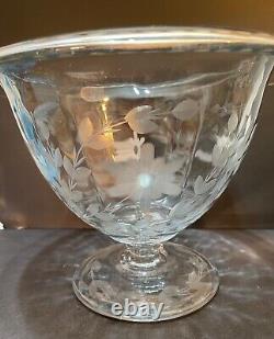 Cut Glass Engraved Footed Grape Juice Punchbowl Centerpiece Bowl