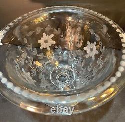 Cut Glass Engraved Footed Grape Juice Punchbowl Centerpiece Bowl