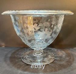 Cut Glass Engraved Footed Grape Juice Punchbowl Centerpiece Bowl