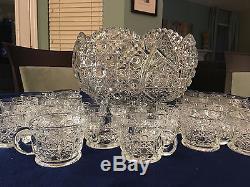 Cut Glass Punch Bowl + 24 Matching Cups Beautiful