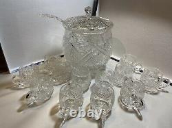 Cut Glass Punch Bowl With Lid Ladle 12 Cups Deep Hobstar Brilliant American