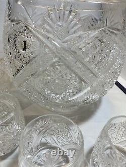 Cut Glass Punch Bowl With Lid Ladle 12 Cups Deep Hobstar Brilliant American
