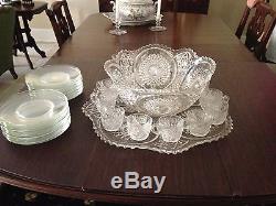 Cut glass punch bowl, tray, cups and plates