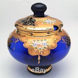 Czech/Bohemian Cobalt Blue Punch Bowl withLid 16 Cups Heavy Gold & Enamel Flowers