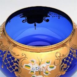 Czech/Bohemian Cobalt Blue Punch Bowl withLid 16 Cups Heavy Gold & Enamel Flowers