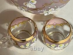 Czech Bohemian Gilt Edge Satin Glass Punch Bowl with Lid 2 Cups 1900s Floral