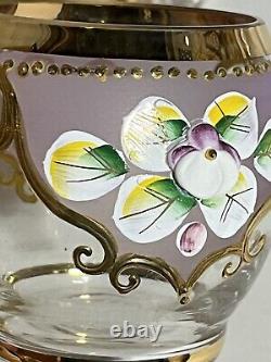 Czech Bohemian Gilt Edge Satin Glass Punch Bowl with Lid 2 Cups 1900s Floral