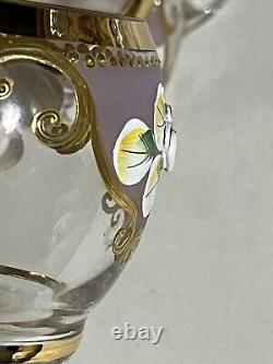 Czech Bohemian Gilt Edge Satin Glass Punch Bowl with Lid 2 Cups 1900s Floral