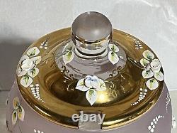 Czech Bohemian Gilt Edge Satin Glass Punch Bowl with Lid 2 Cups 1900s Floral