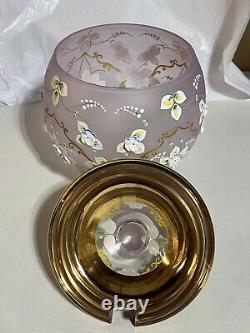 Czech Bohemian Gilt Edge Satin Glass Punch Bowl with Lid 2 Cups 1900s Floral