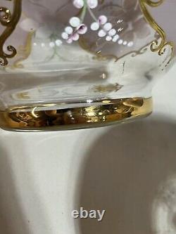 Czech Bohemian Gilt Edge Satin Glass Punch Bowl with Lid 2 Cups 1900s Floral