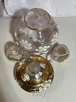 Czech Bohemian Gilt Edge Satin Glass Punch Bowl with Lid 2 Cups 1900s Floral