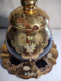 Czech Bohemian Gold And Cranberry Glass Punch Bowl And Platter