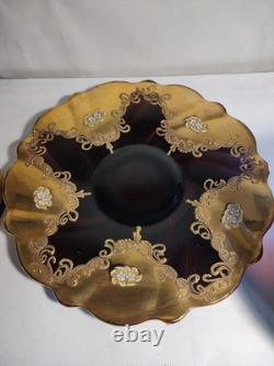 Czech Bohemian Gold And Cranberry Glass Punch Bowl And Platter